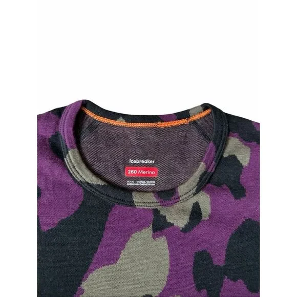 Icebreaker Long Sleeve Crew Top Shirt 260 Vertex Wool Camo Black Purple Green si - Picture 4 of 10